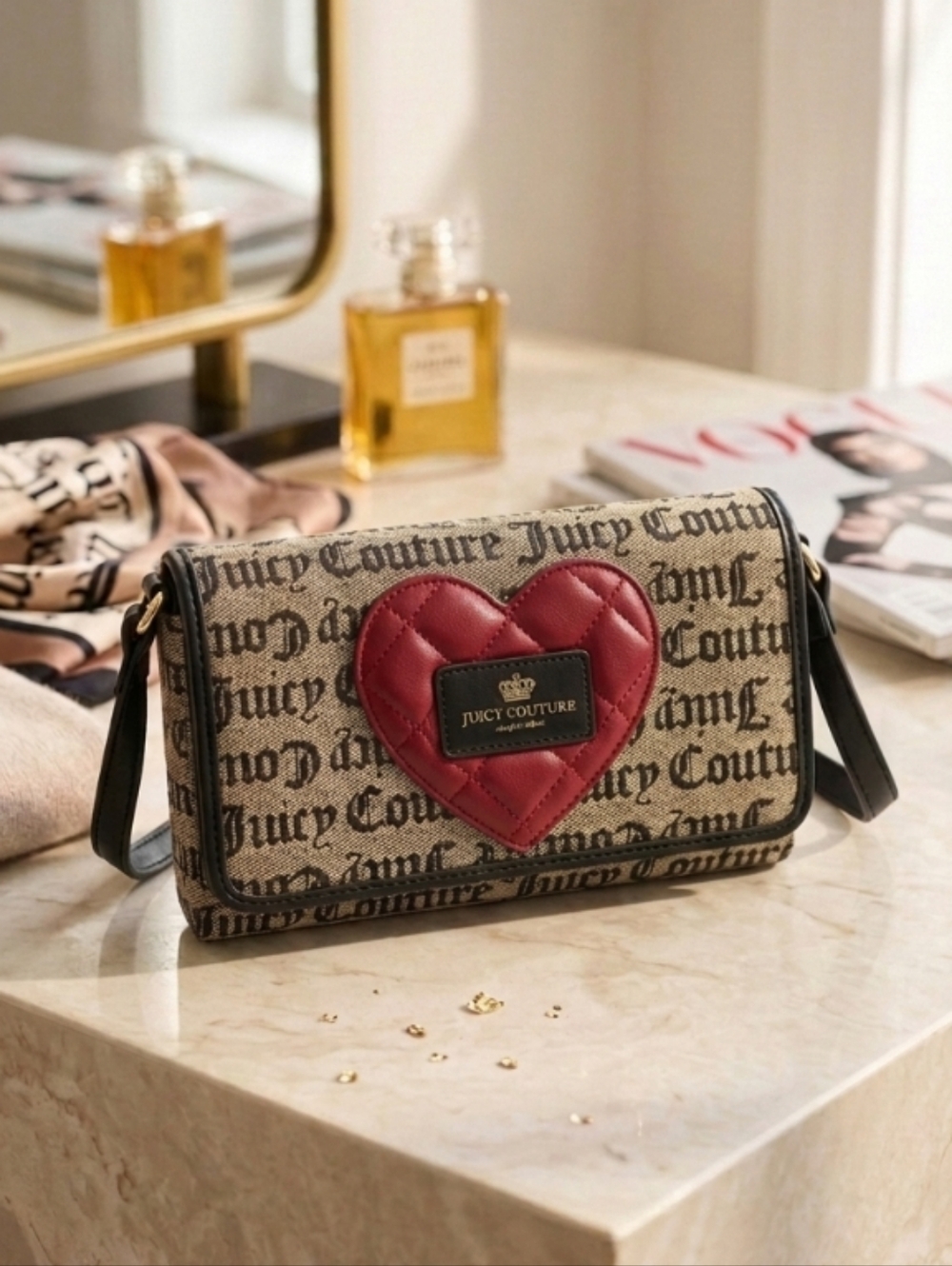 Juicy Couture Heart Breaker Crossbody Wallet Purse Beige & Black Gothic Logo